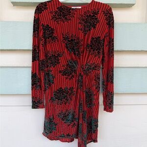 Zara Elegant Red and Black Floral Velvet Dress